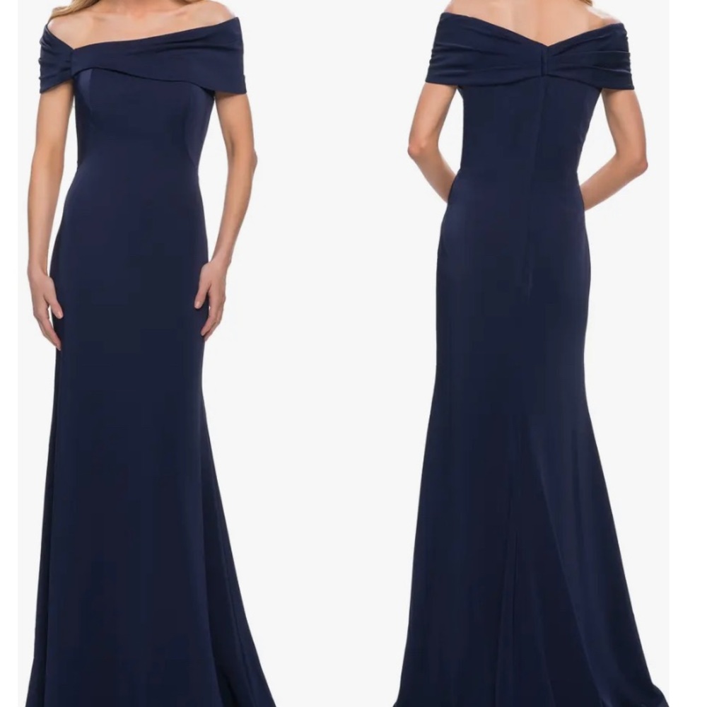La Femme off the shoulder navy gown